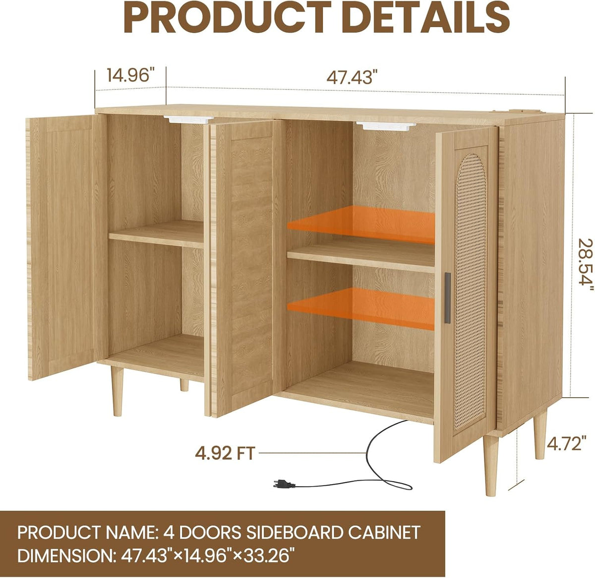 Patikuin Rattan Sideboard Buffet Cabinet, 4 Doors Accent Storage Cabinet, Console Table Coffee Bar with Power Outlet, Adjustable Shelves for Kitchen, Dining Room, Hallway, Living Room, Natural