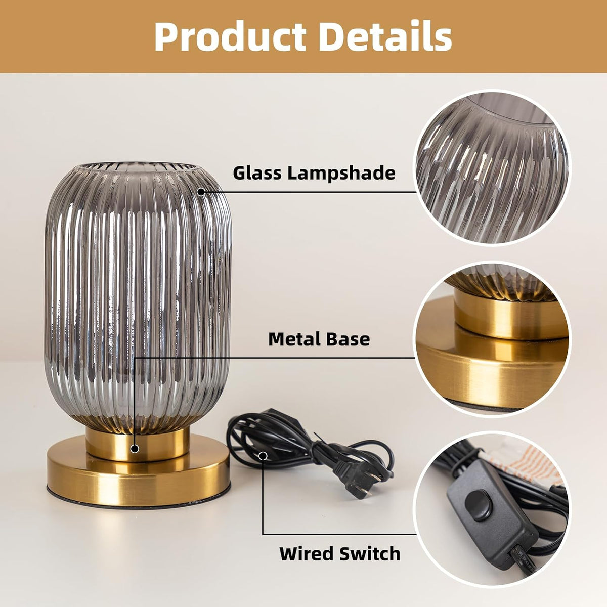 Modern Bedside Table Lamp, Smoky Gray Glass Table Lamp, Plug in
