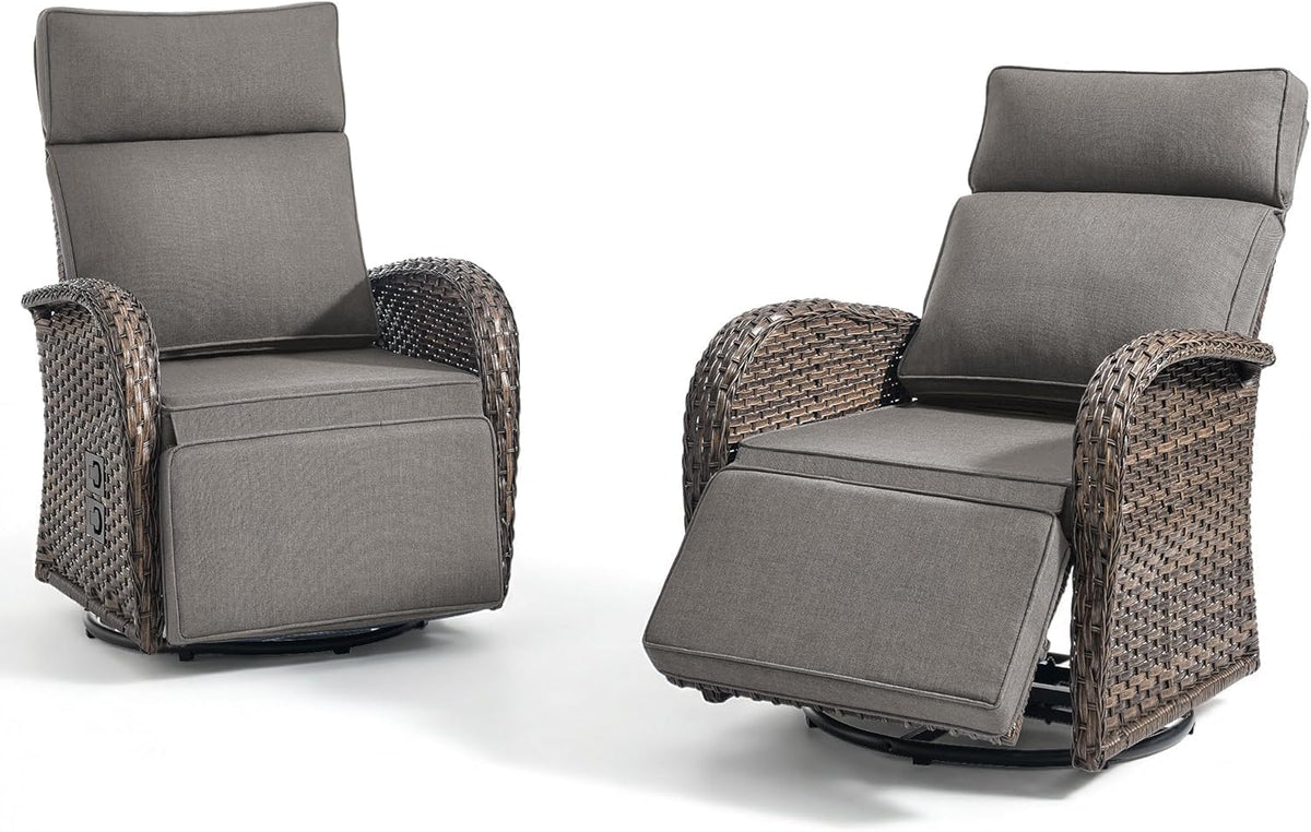Zero Gravity Patio Swivel Recliner Chairs Set of 2 - Wicker Outdoor Lounge Chair with Adjustable Backrest & Footrest, All Weather Reclining Chairs with Thick Cushion for Garden Pool Deck(Grey)