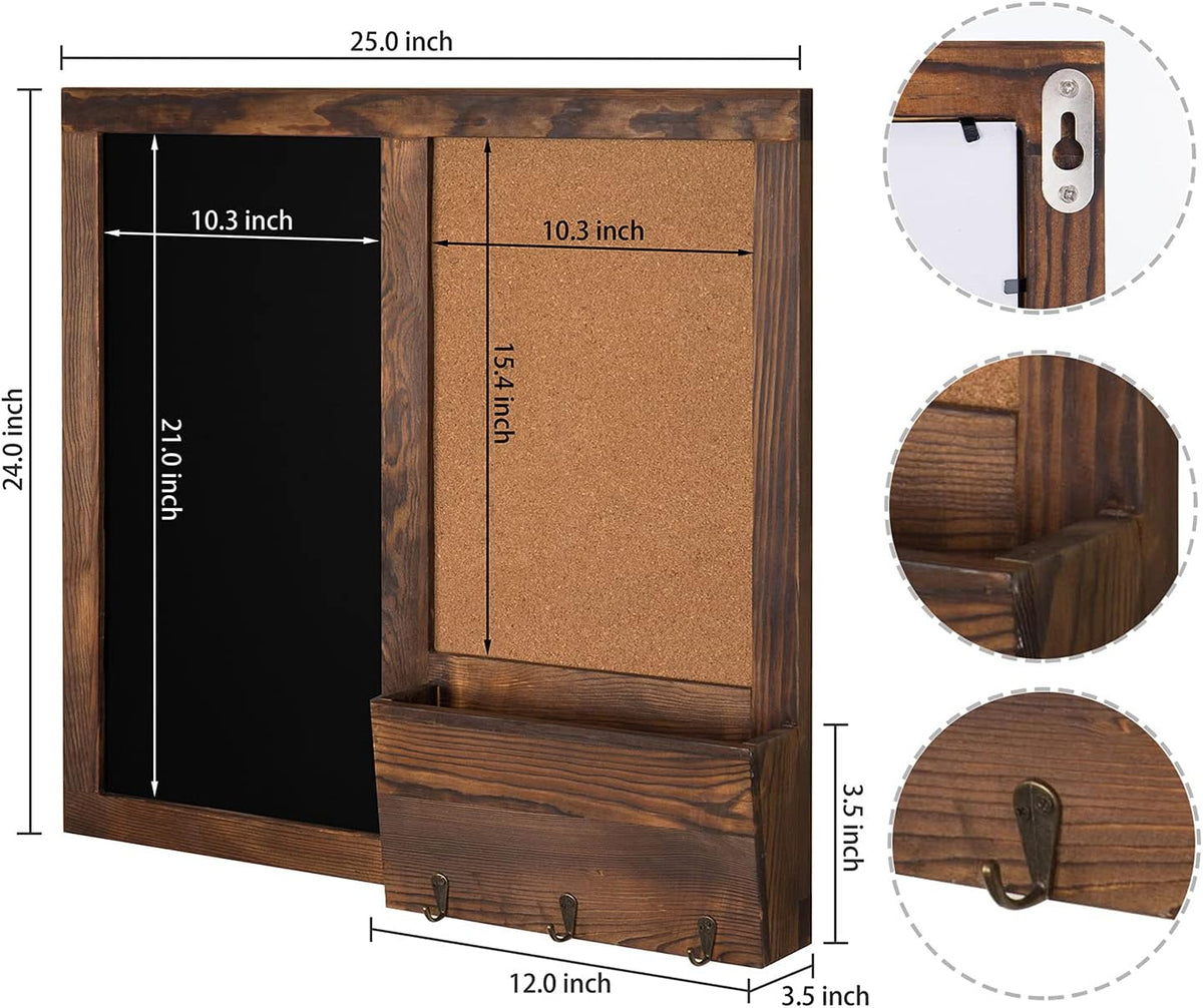 MyGift Rustic Dark Brown Wood Wall-Mounted Chalkboard with Cork Board, Mail Sorter, & Key Hooks
