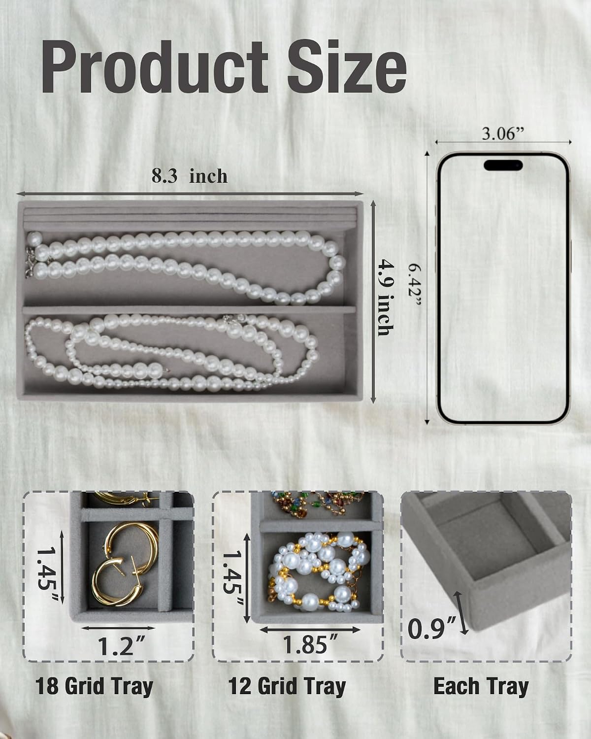 Velvet Jewelry Trays,Jewelry Organizer Trays for Drawer,Set of 8,Gray