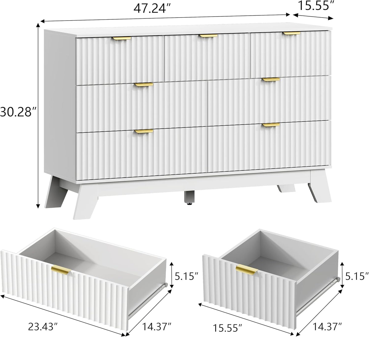 Wodeer 7 Drawer Fluted Dresser for Bedroom, Mid Century Modern Dresser with 7 Drawers, Dressers & Chests of Drawers with Metal Handle, TV Stand & Storage Organizer for Entryway, Hallway, White