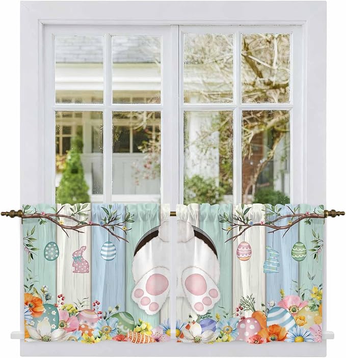 Easter Kitchen Tier Curtains 24 Inch Long 2 Panel Set, Rod Pocket Cafe Small
