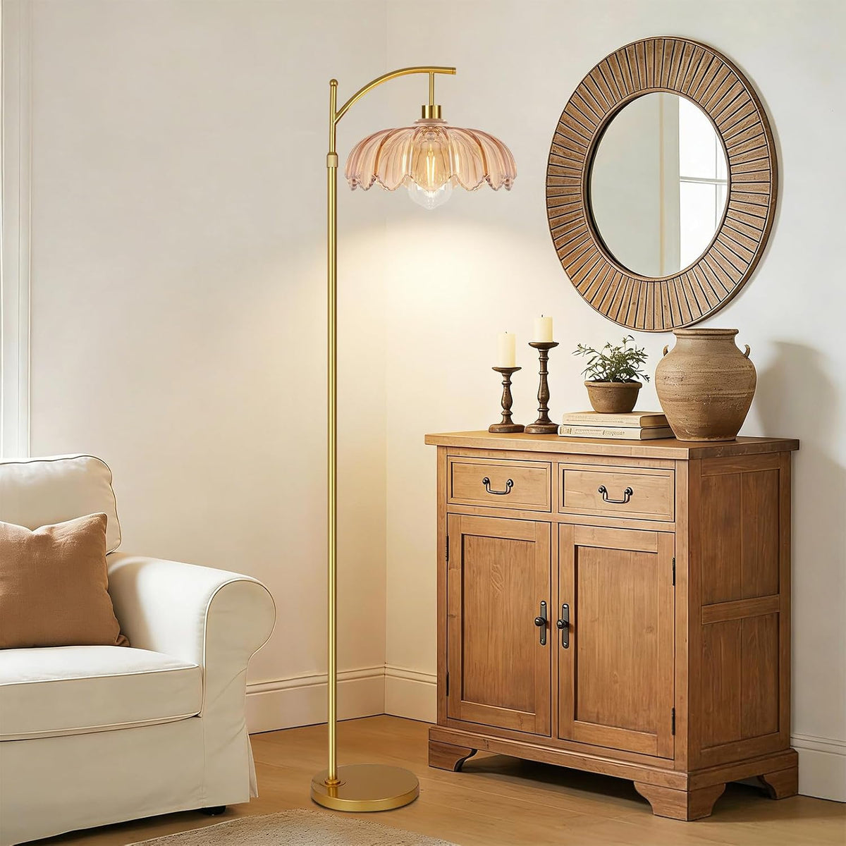 QIYIZM Glass Floor Lamp for Living Room,Bedroom,Gold Dimmable Standing Lamp with Remote,Mid Century Modern Brass Tall Lamp Boho Floor Lamps Arc Stained Flower Floor Light Lamp Bohemian