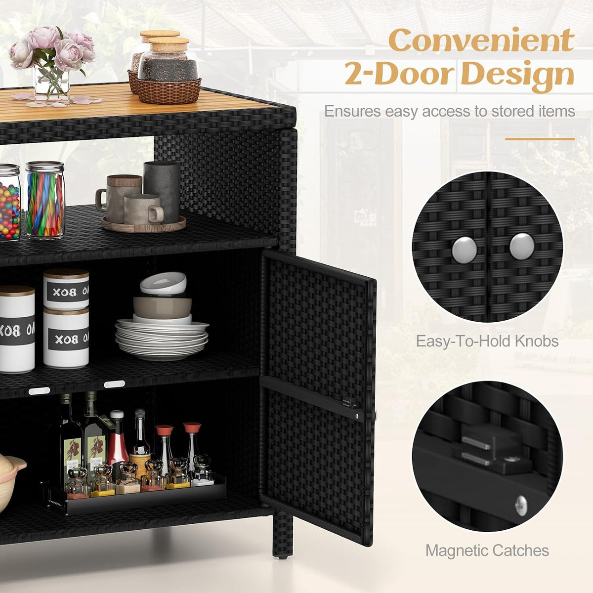 RELAX4LIFE Wicker Outdoor Bar Cabinet - PE Rattan Patio Bar Table