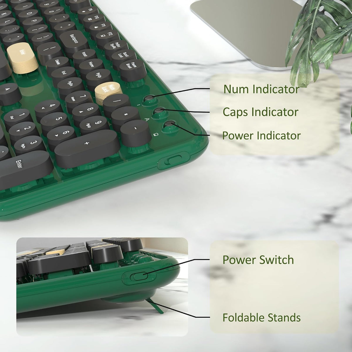 Retro Wireless Keyboard and Mouse Combo with Wrist Rest (Dark Green)