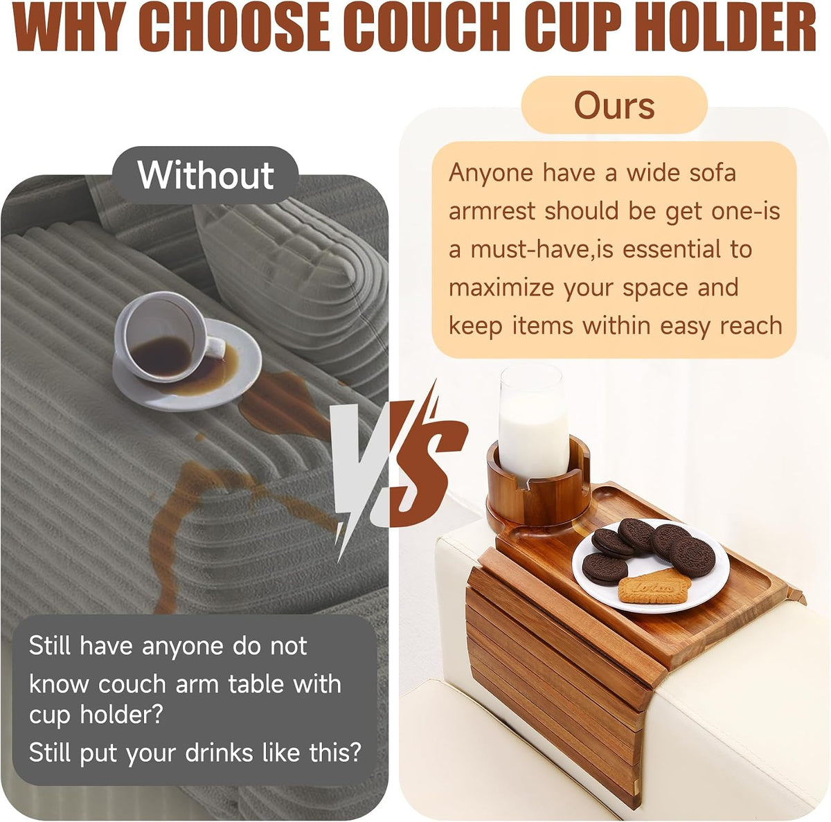 SINWANT Couch Cup Holder Tray,Fit Sofa Armrests 6.3" and Wider,Acacia
