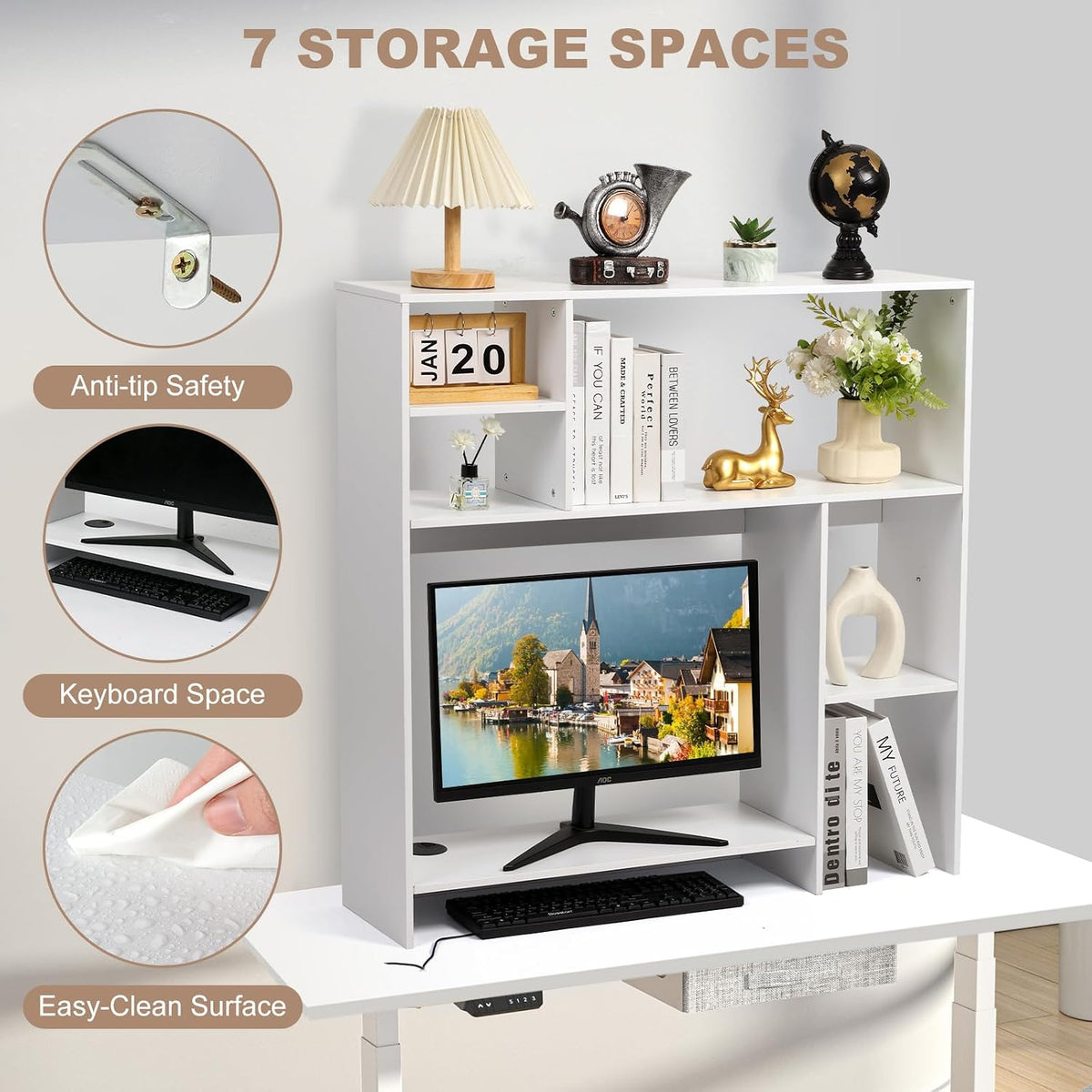 Modern Wooden Desktop Bookshelf Hutch, White Desk Organizer with 7 Shelves for Computer Desk, Vertical Storage for Small Desks, Home Office, Dorm