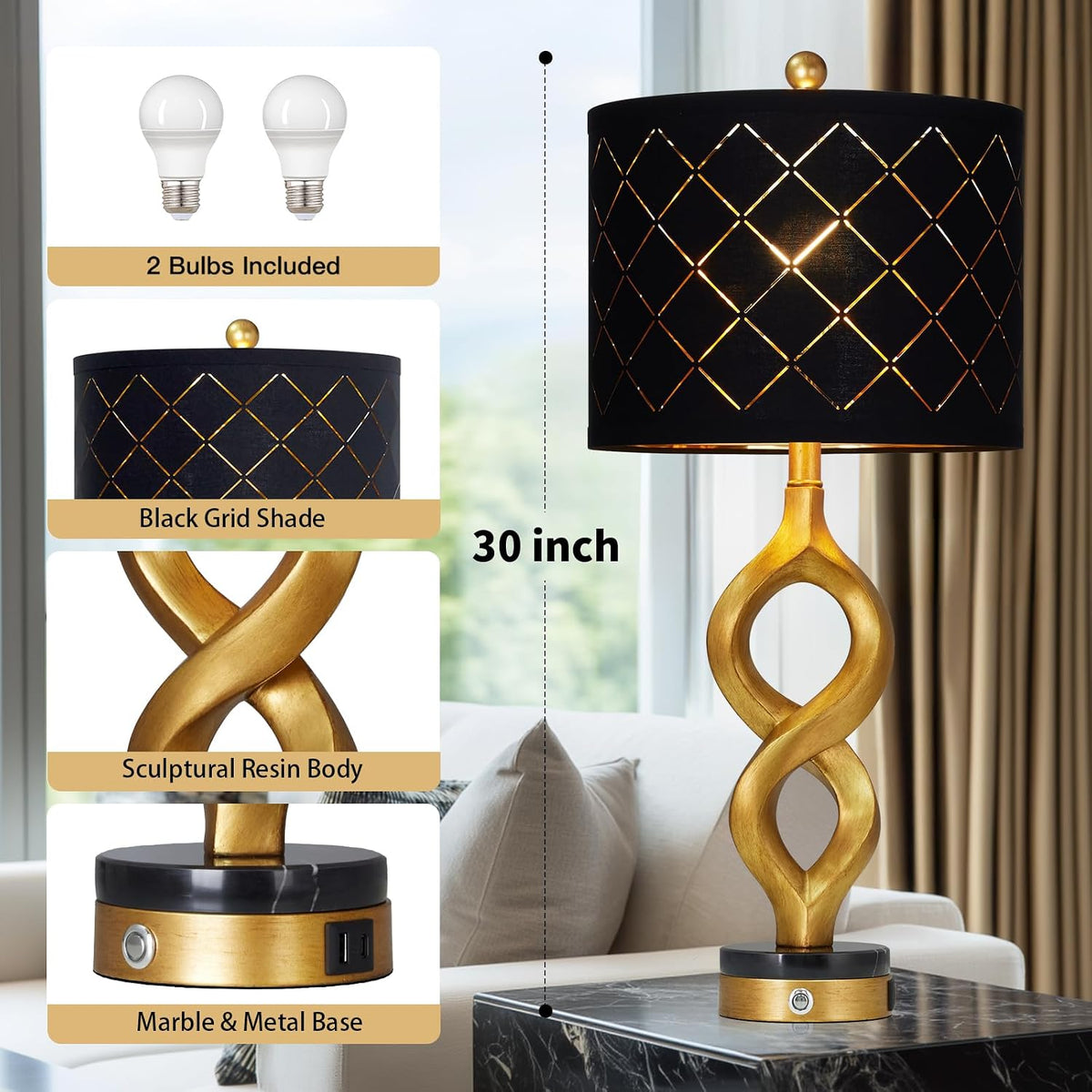 Rinweey Black and Gold Table Lamps Set of 2 for Living Room, 30" Tall Touch Control Bedside Lamps for Bedroom Nightstand, 3-Way Dimmable Modern Decorative Table Lamp with USB A+C Ports and 2 LED Bulbs
