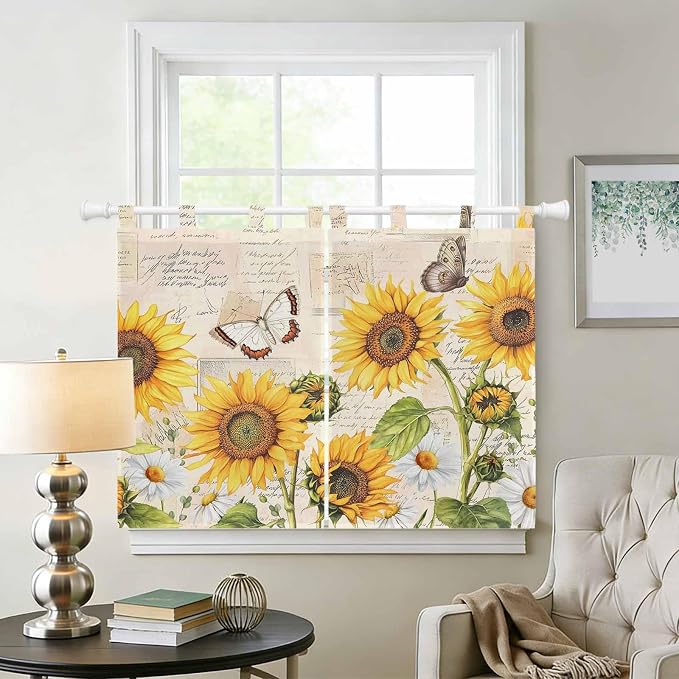 Yellow Sunflowers Kitchen Curtains 45 Inch Length, Short Cafe Window Curtains