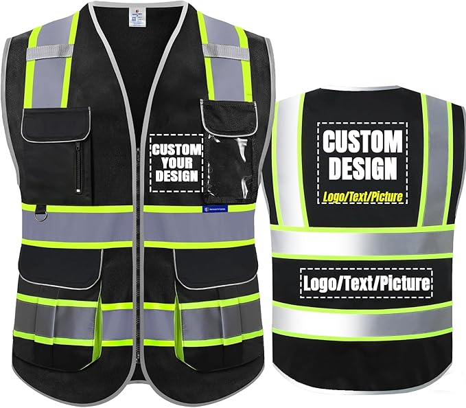 BeautyWill ANSI Certified Custom Logo Safety Vest 8-Pockets Class2 High Visibility Reflective Vest for Men - Personalized Logo Heavy-Duty Work Vest（Black，4XL）
