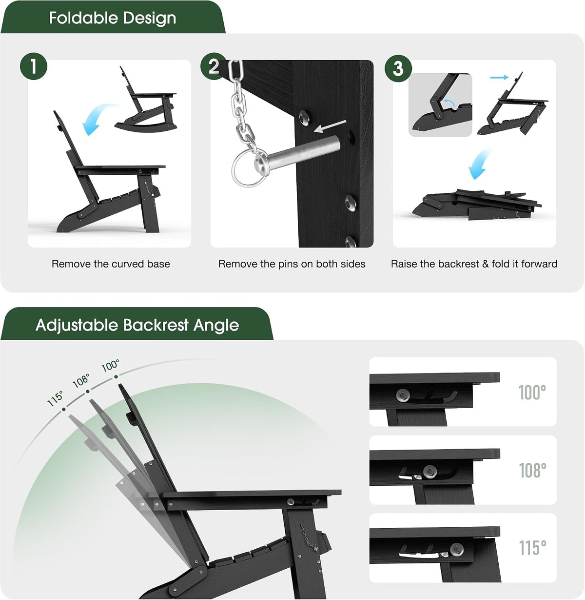 4-in-1 Rocking Adirondack Chair Set of 2, HDPE, Footrest, Black