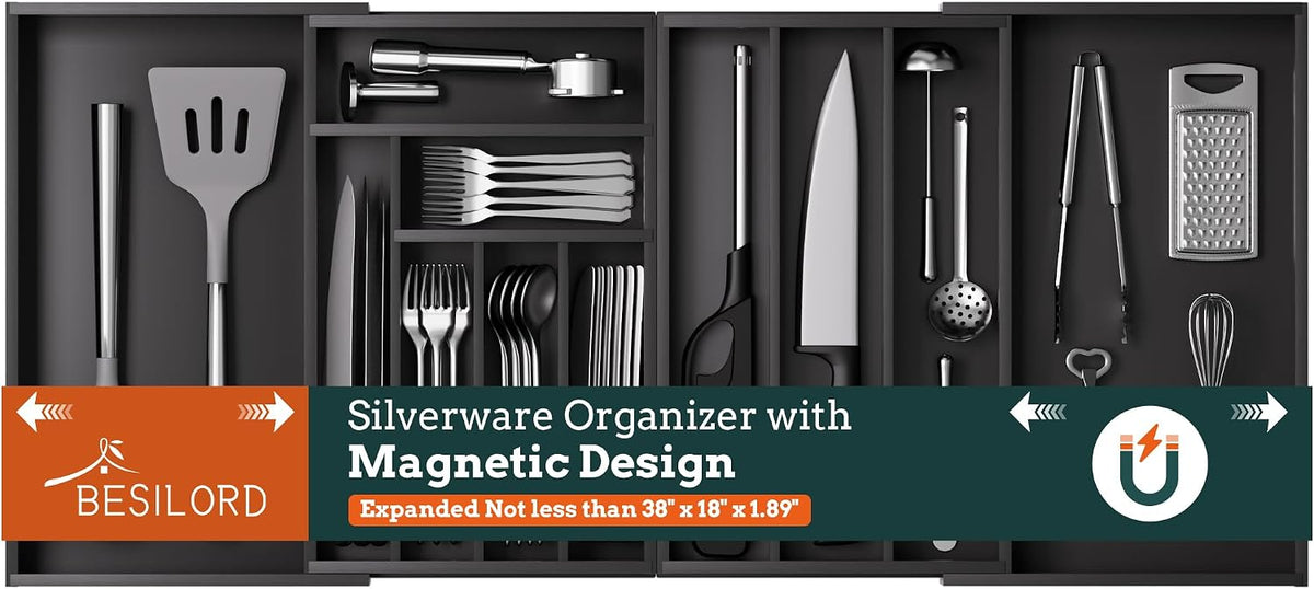 Bamboo Expandable Silverware Drawer Organizer 11 Slots Utensil Holder Black