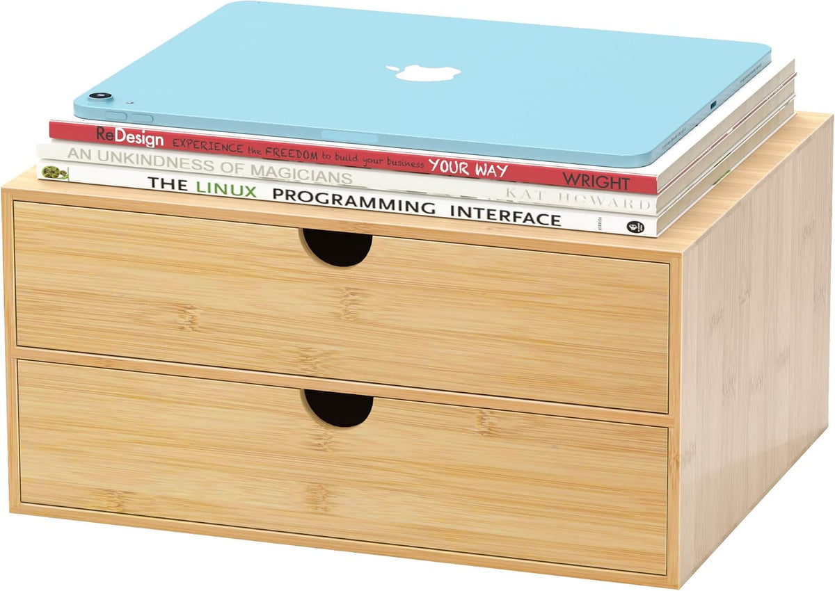 Bamboo Desk Drawer Organizer, Large Desktop Organizer with Drawers Tabletop Storage Organization Box for Office Home Toiletries Supplies Vanity, No Assembly Required (2 Drawer)
