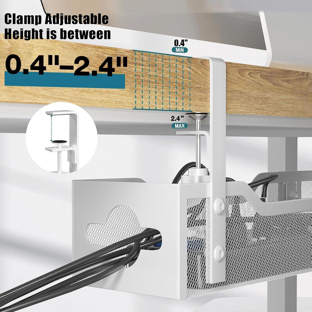 Under Desk Cable Management Tray White, Litwaro Cable Management Under Desk No Drill, 25'' Cable Tray with Clamp for Wire Management, Cord Organizer for Office, Home - No Damage to Table