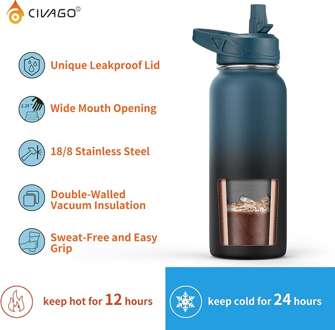 CIVAGO 22 oz Insulated Stainless Steel Water Bottle