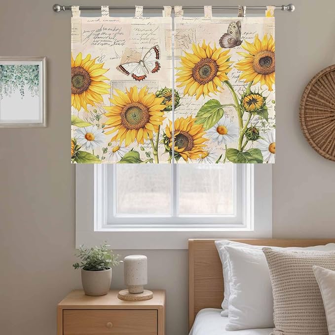 Yellow Sunflowers Kitchen Curtains 45 Inch Length, Short Cafe Window Curtains