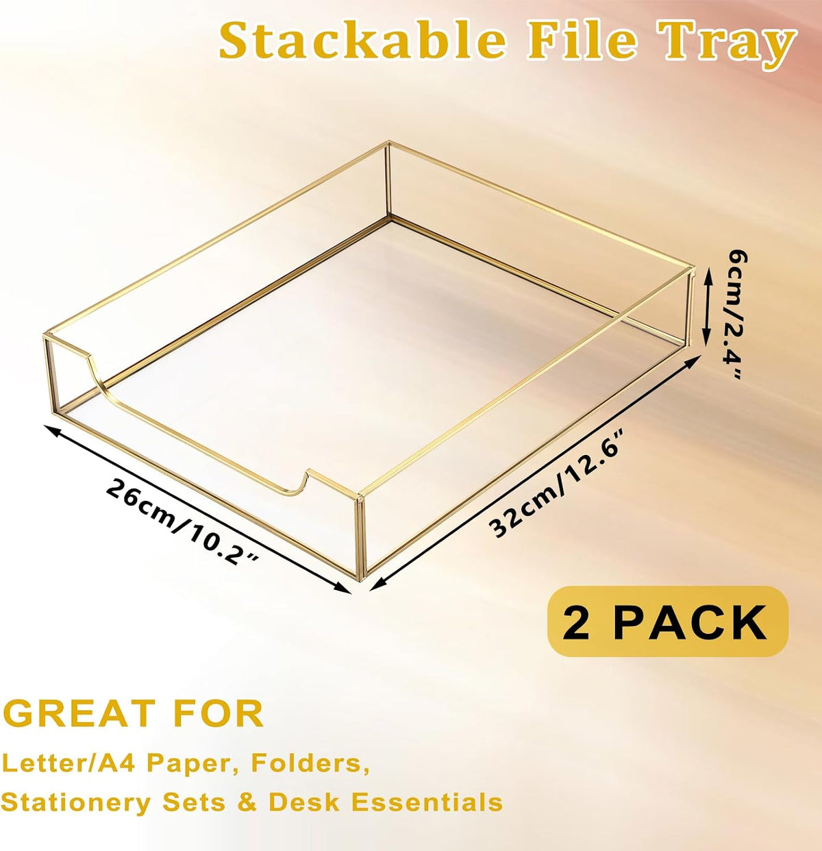 BTSKY 2 Pack Golden Glass Desk Tray, Multi-Purpose Organizer for A4 Paper, Documents, Desk Supplies, Makeup, Clear File Tray with Metal Frame, Stackable Decorative Storage for Home Office Vanity