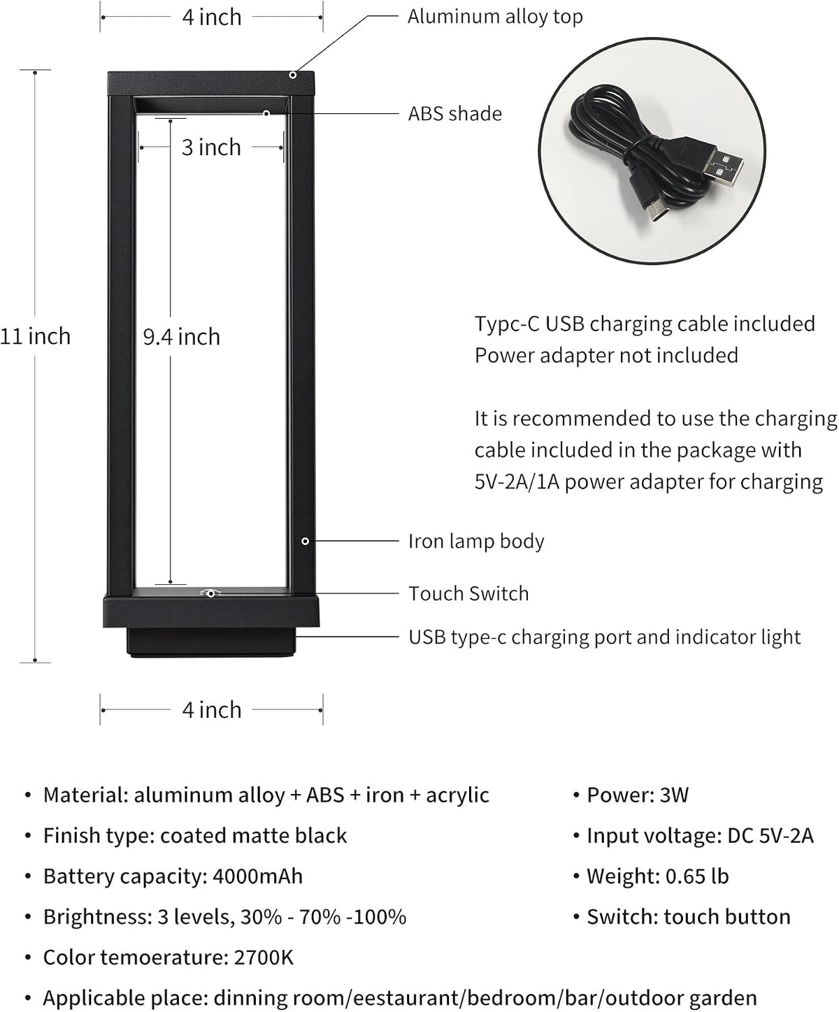 PUSU Cordless Waterproof Table Lamps, Black Outdoor Rechargeable Desk Lamp
