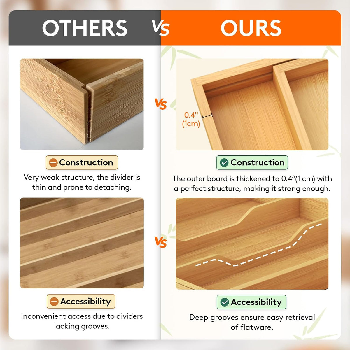 Lifewit Bamboo Utensil Organizer for Kitchen Drawer, Cooking Utensil Tray