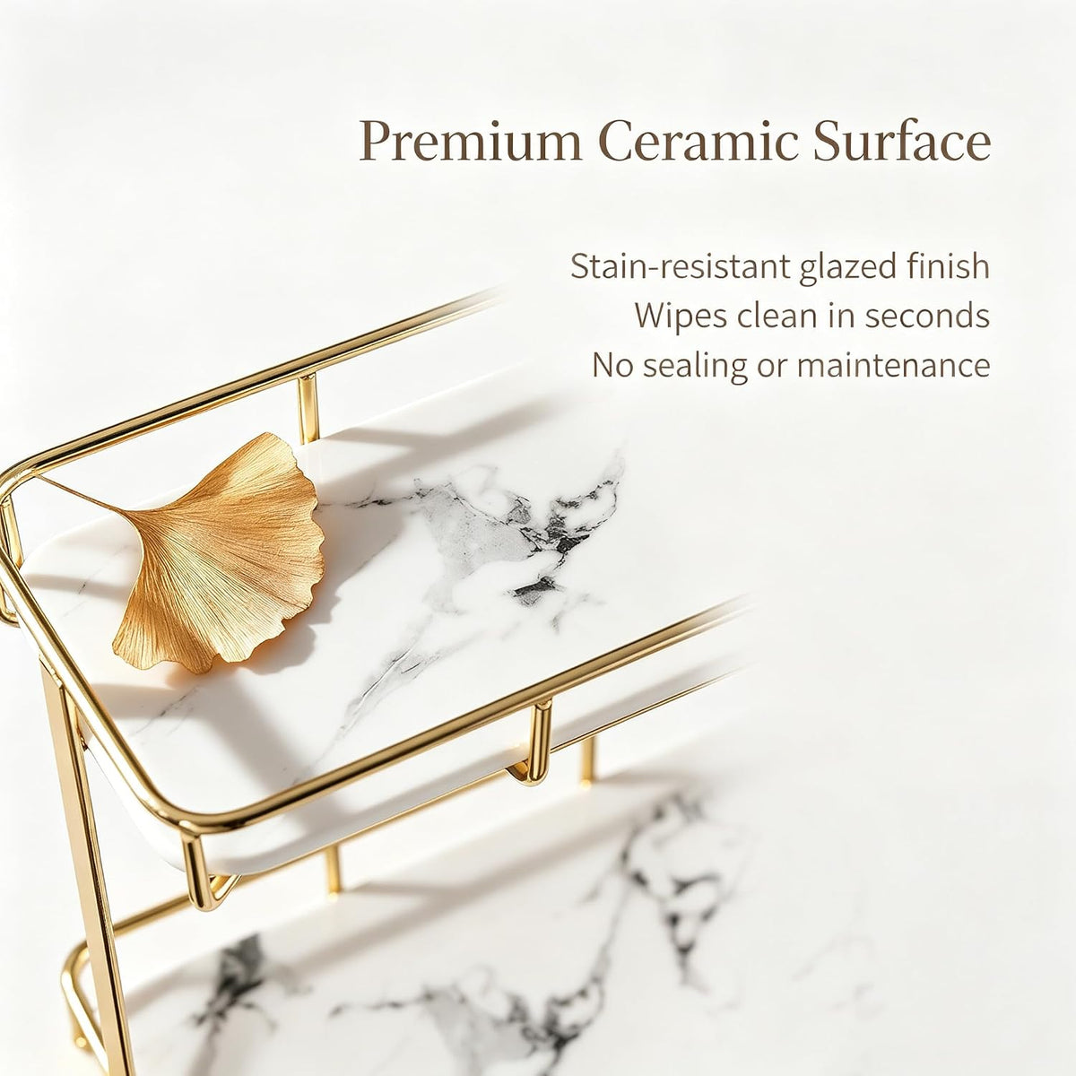 Bathroom Organizer Countertop Perfume Organizer Makeup Organizer Cosmetics Storage Display Rack Vanity Tray Dresser Stainless Steel Gold Shelf White Marble Ceramic Tray