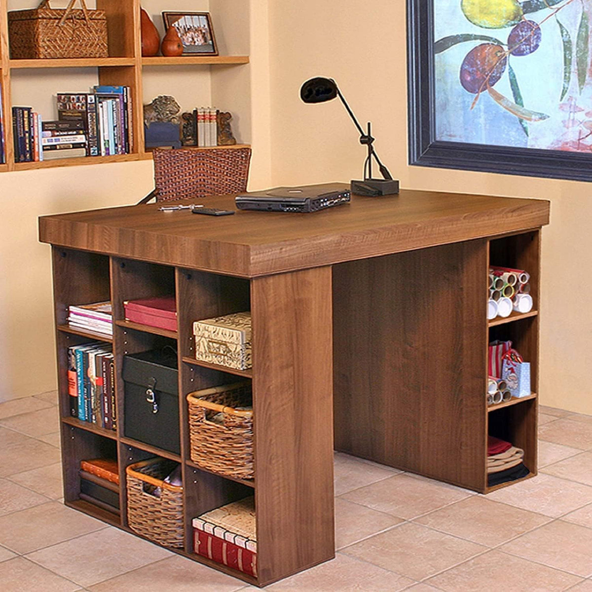 Project Center Desk with Bookcase and 3 Bin Cabinet-Walnut