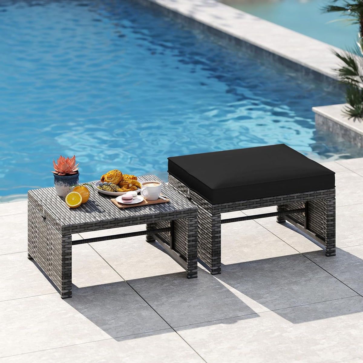 Outdoor Ottomans, Set of 2 PE Rattan Foot Stool w/Soft Zippered Cushions, Multipurpose Patio Ottomans, Outdoor Furniture for Backyard, Additional Seating, Footrest, Side Table (Black)