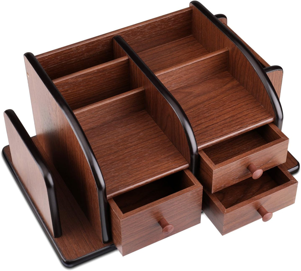 Flexzion Wooden Desk Organizer w/Drawers - Classic Wood Office Supplies Accessories Desktop Tabletop Sorter Shelf Rack Cherry Brown Pencil Holder Caddy Set with 3 Drawers, 3 Compartments & 2 Shelves