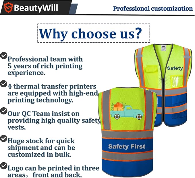 Custom Safety Vest Customized Logo Mesh Vest Class 2 High Visibility Reflective Vest with Pockets Blue workwear（Yellow Blue，XXL）