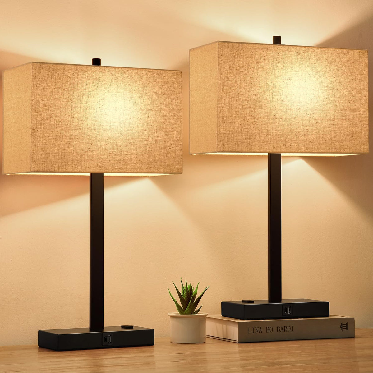 21" Touch Bedside lamps with 2 USB & AC Outlets, 3-Way Dimmable Bedside Table Lamps Set of 2 for Bedroom Living Room Office Reading, Beige Linen Shade Lamps for Night Stands, 2700K LED Bulbs Included