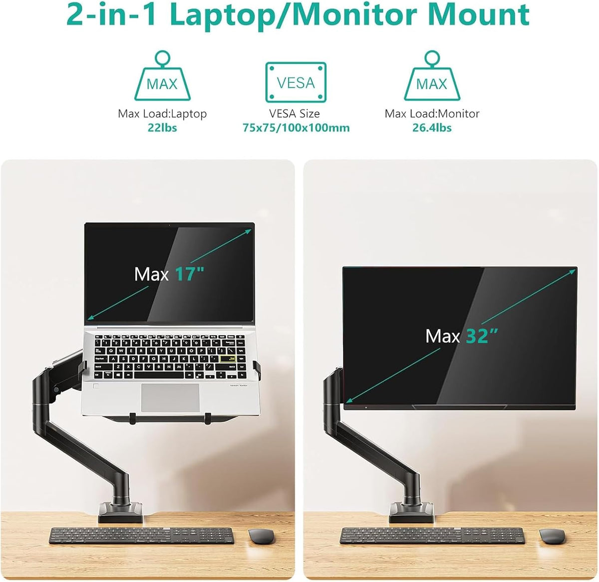WALI Laptop Desk Mount for 17" Notebook and 34" Screens, Holds 22-26.4 lbs