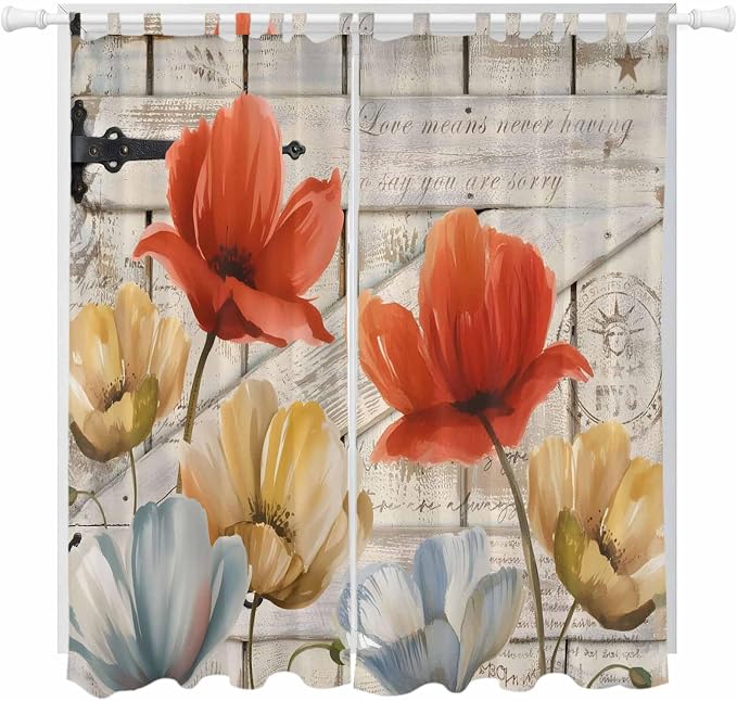 Retro Floral Living Room Curtains 84 Inch Length, Window Curtains Tab Top