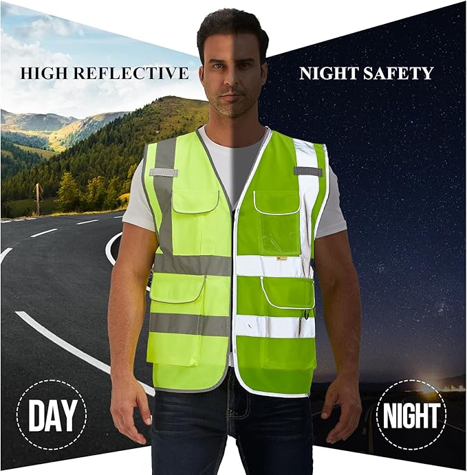 SIFE Reflective Safety Vest High Visibility Vest With 7 Pockets And YKK Zipper, ANSI/ISEA Class 2 Standard, Made With 3M Reflective Tape(03YG-Yellow Mesh,M)
