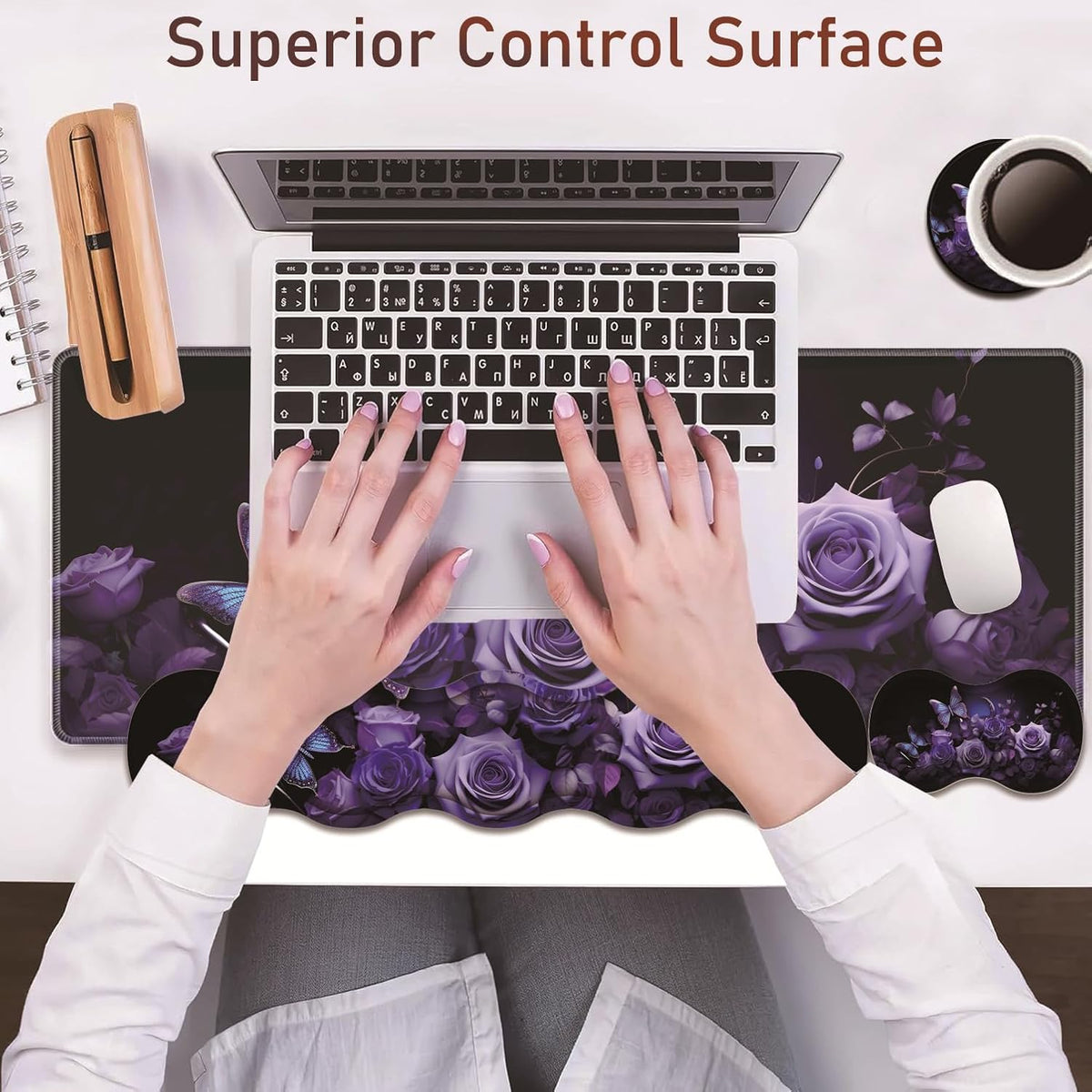 Large Gaming Table Pad 31.5 "x 11.8" + Keyboard Wrist Pad + Mouse Wrist Pad + Coaster Non-Slip Base 4-in-1 Set, Ergonomic Memory Foam, Easy Typing Pain Relief, Purple Roses and Butterflies