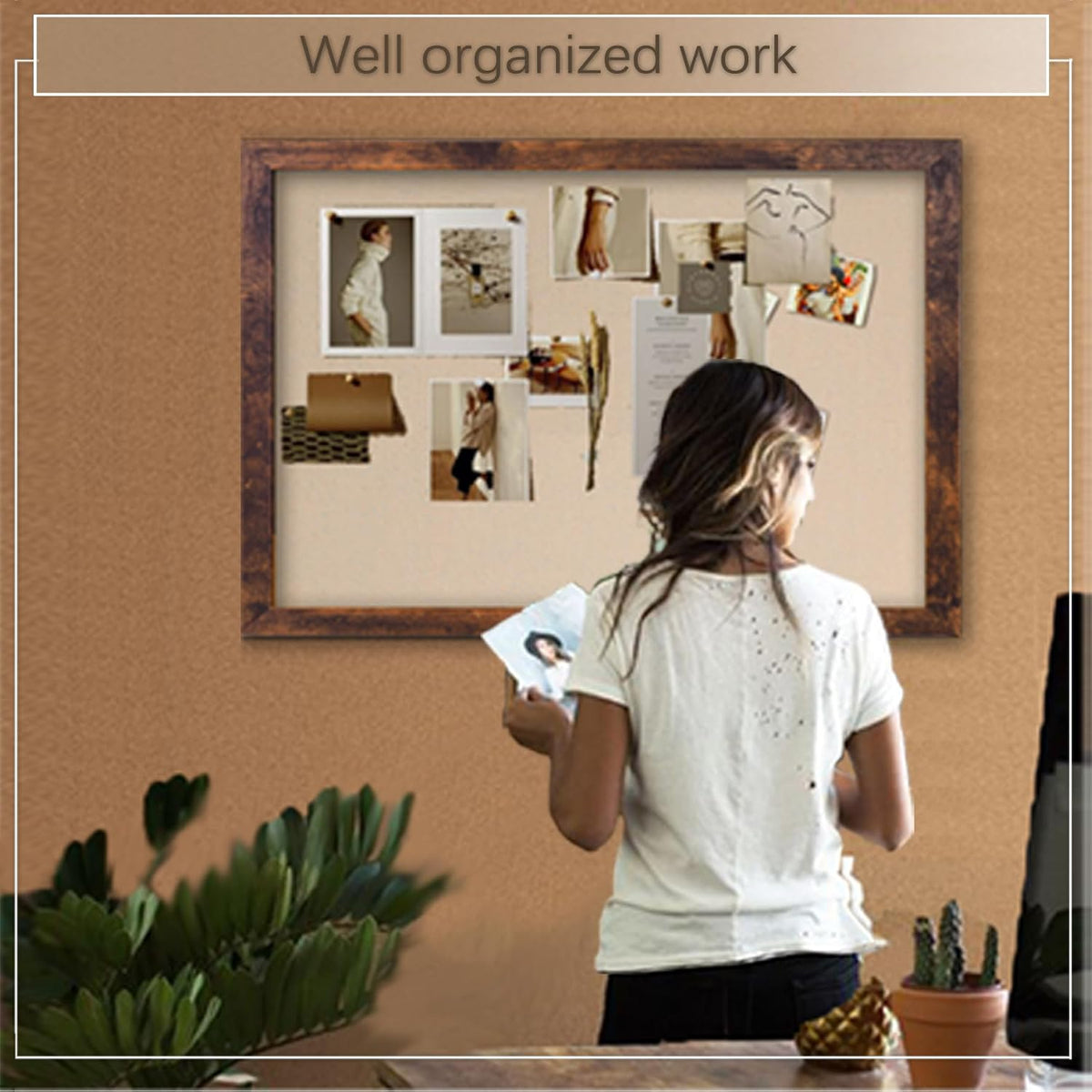 Large Magnetic Bulletin Board 36 x 24 Inch for Wall,Rustic Framed Cork Board with Linen for Home Office School,with 4 Push pins, 4 Magnets
