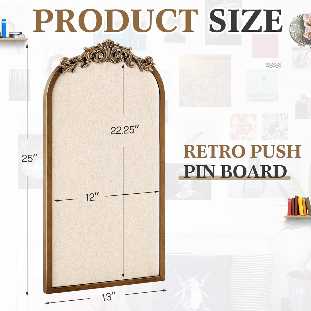 Wonderjune Linen Display Pinboard, Arch, 13" X 25", Retro Golden
