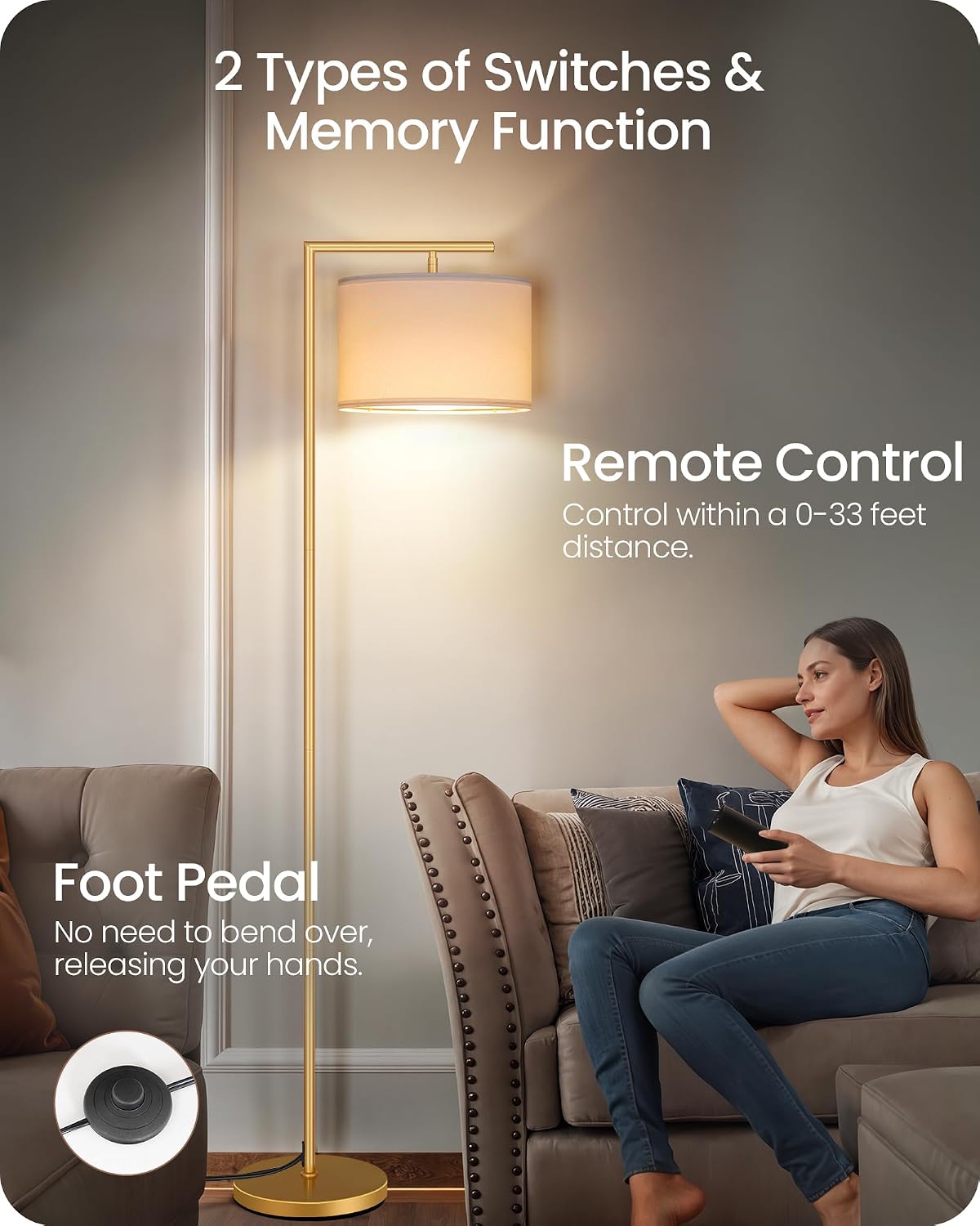 Gold Dimmable Floor Lamp, Modern Arc Lamp with Remote, Standing Corner Light with Lampshade, Tall Reading Lighting for Bedroom, Living Room, Office, Den, White, LED Bulb Included, DW11LD05