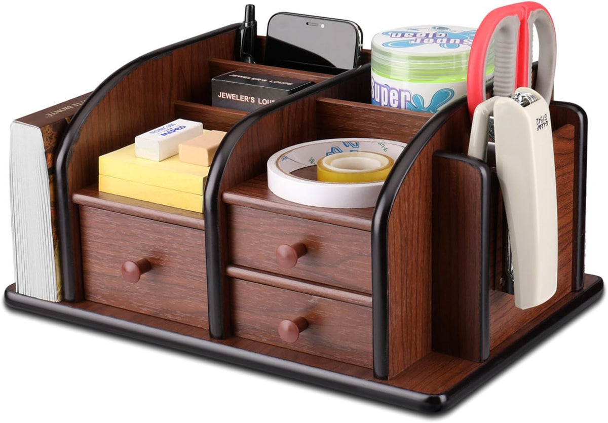 Flexzion Wooden Desk Organizer w/Drawers - Classic Wood Office Supplies Accessories Desktop Tabletop Sorter Shelf Rack Cherry Brown Pencil Holder Caddy Set with 3 Drawers, 3 Compartments & 2 Shelves