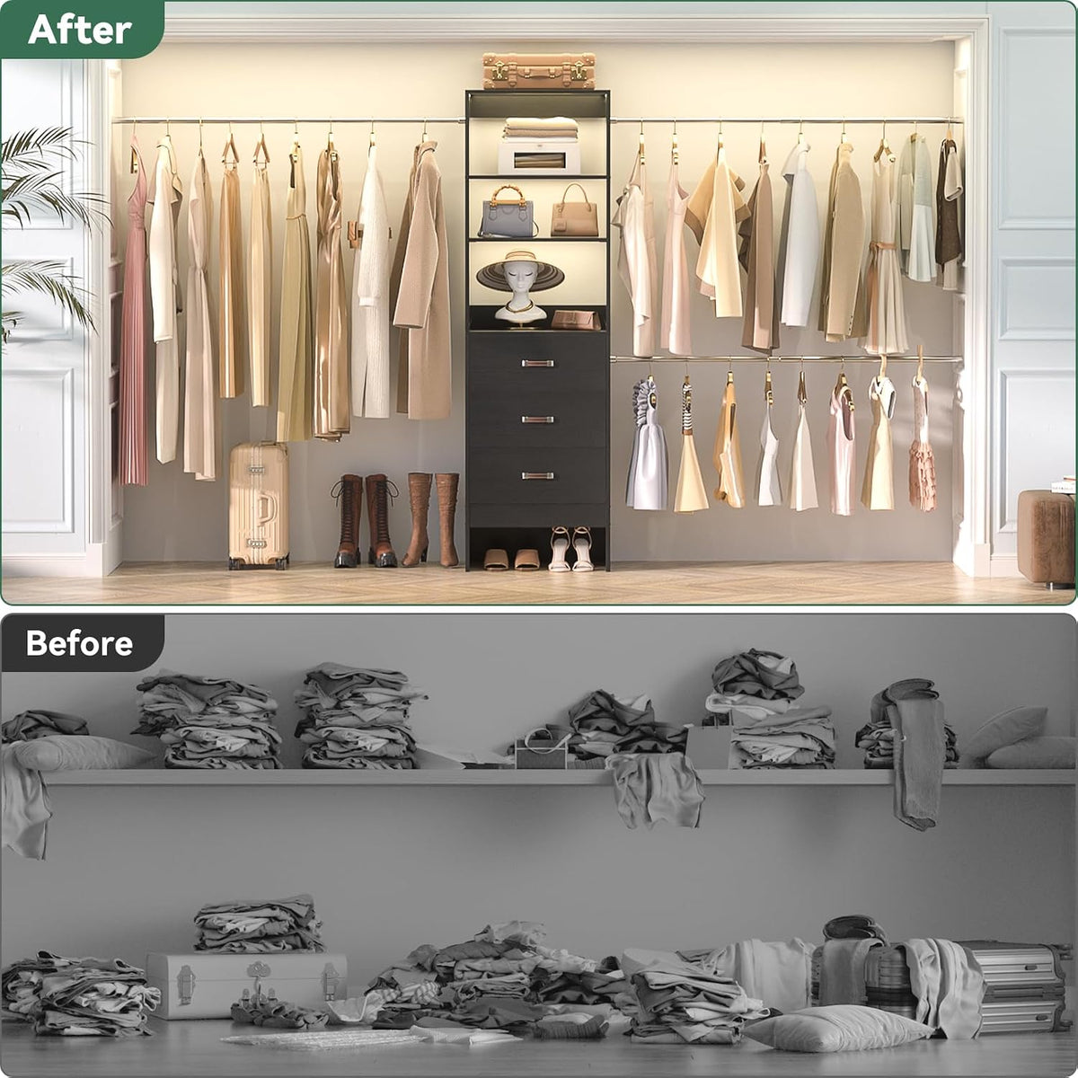 Besiost 96'' Closet Organizer System with 3 Hanging Rods, 8FT Closet Organizers and Storage with 3 Wooden Drawers, Built in Closet Organizer Systems, Adjustable Walk-in Wardrobe from 5-8FT, Black