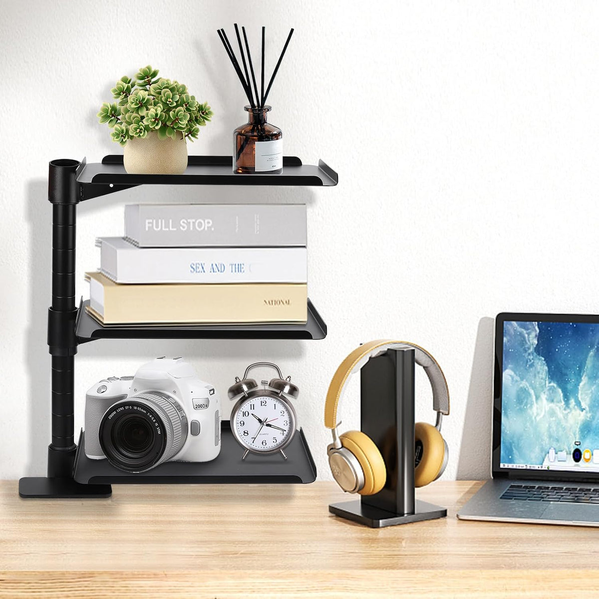 3 Tier Clamp On Desk Shelf,360° Rotatable Adjustable Above or Under Desktop Organizer,Carbon Steel Storage Tray for Home Office and Gaming Accessories（Black）
