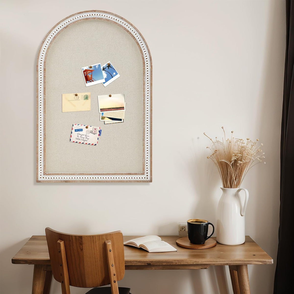 Wonderjune Linen Display Pinboard, Arch, 24" X 36", Distressed White
