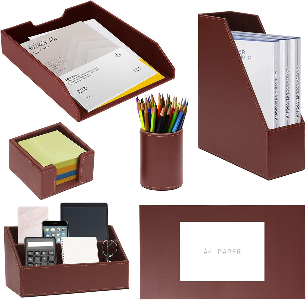 Office Supplies PU Leather 6-Piece Desk Organizer with Writing Pad, Letter Tray, File Folder Sorter, Pen Cup, Note Holder, Business Card Holder - Brown