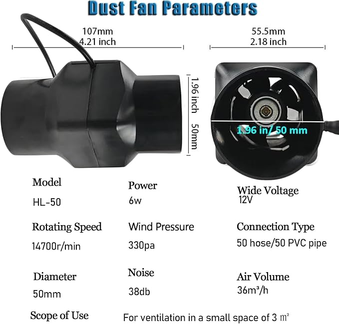 2 Inch Inline Duct Fan 12V 22 Cfm Ventilation Fan Variable Speed HVAC Blower