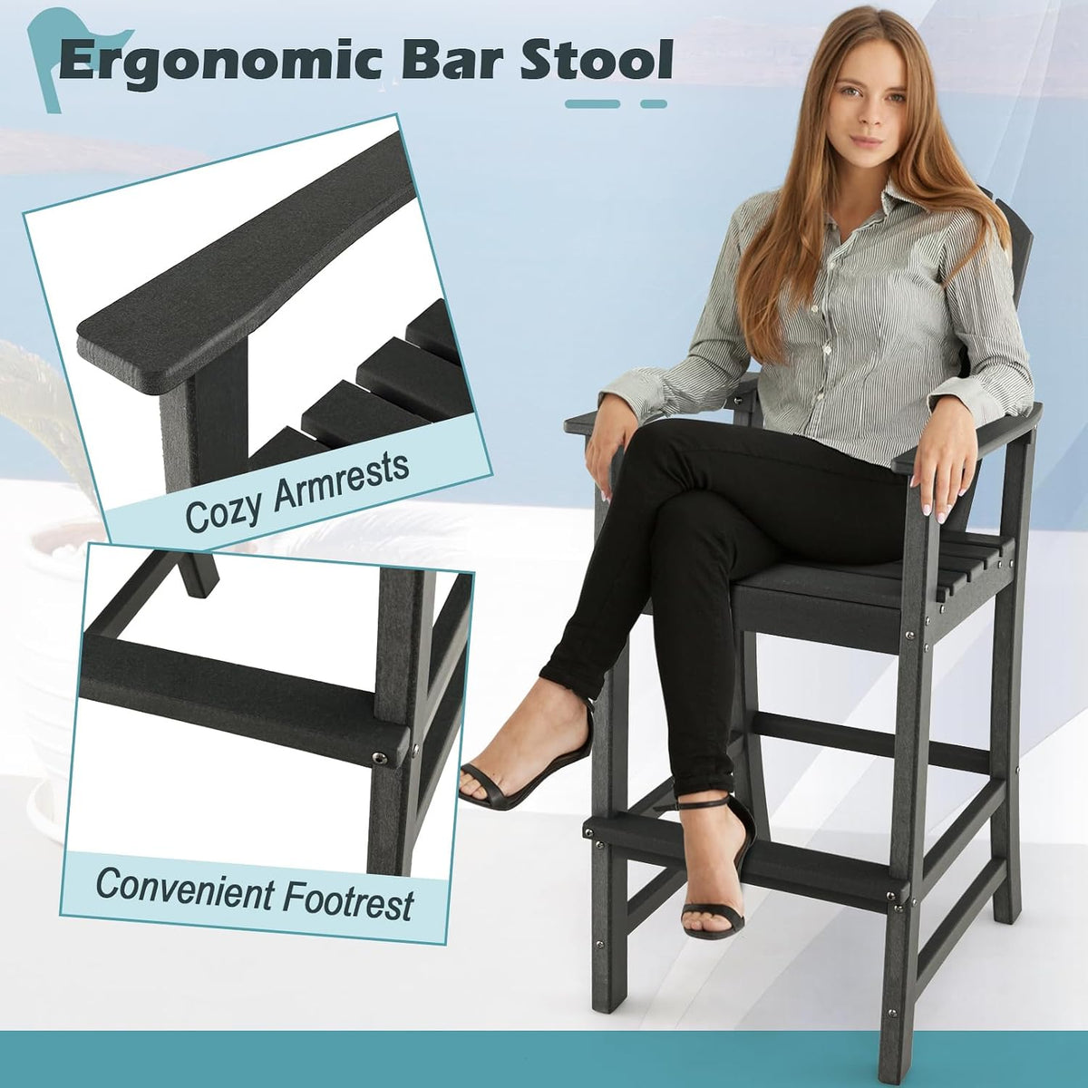 GIANTEX Outdoor HDPE Bar Stool, Tall Adirondack Chair with Armrests and Footrest, 30 Inches Counter Height Bar Stool for Garden, Backyard, Weather Resistance, Easy Maintenance (1, Black)