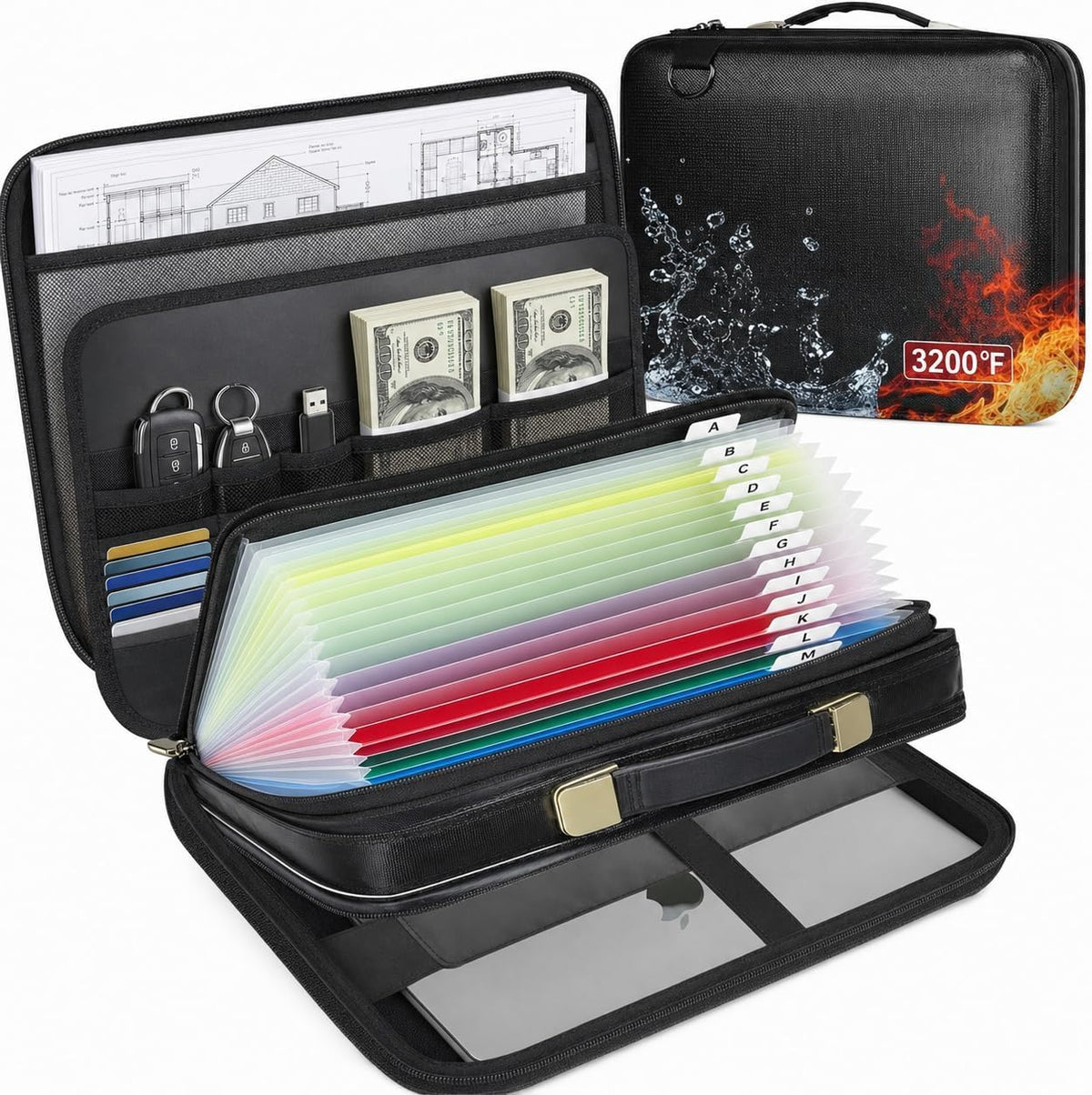 3200℉ Fireproof Briefcase 15.6in Laptop, Legal Size Organizer Filer