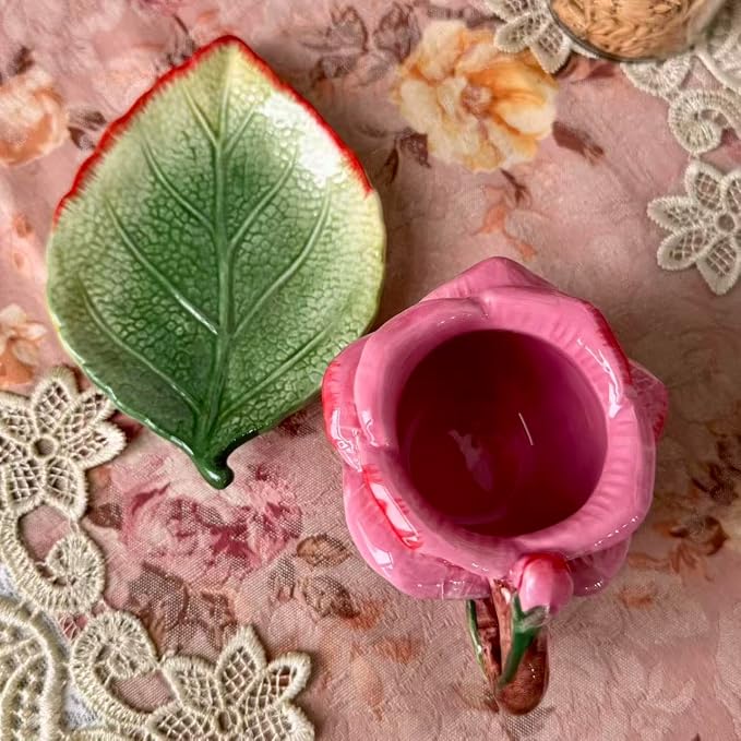 Ceramic Rose Tea Pot Set, 3D Hand-painted Rose Red Flower Cup and Green Leaves