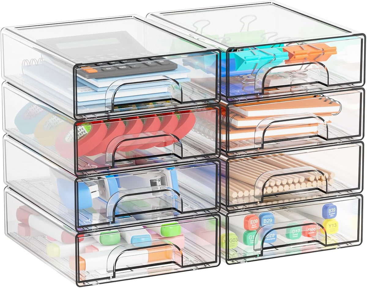 Yieach 2.2'' Tall Acrylic Clear Stackable Storage Drawer Organizer,8 Pack Desk Organization and Storage,Plastic Office Supply Organizer,Drawer Storage Organizer for Makeup,Accessory,Pen,Art Crafts