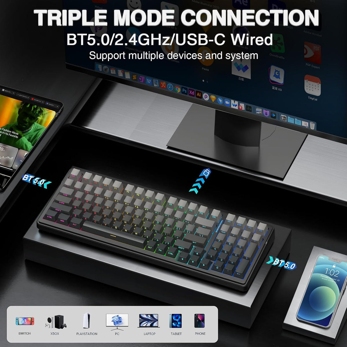 AULA F99 Wireless Mechanical Keyboard,Gasket Structure Hot Swappable Custom Keyboard,RGB Backlit,Creamy Sound,Side Printed PBT Keycaps,2.4GHz/USB-C/BT5.0 Computer Gaming Keyboards