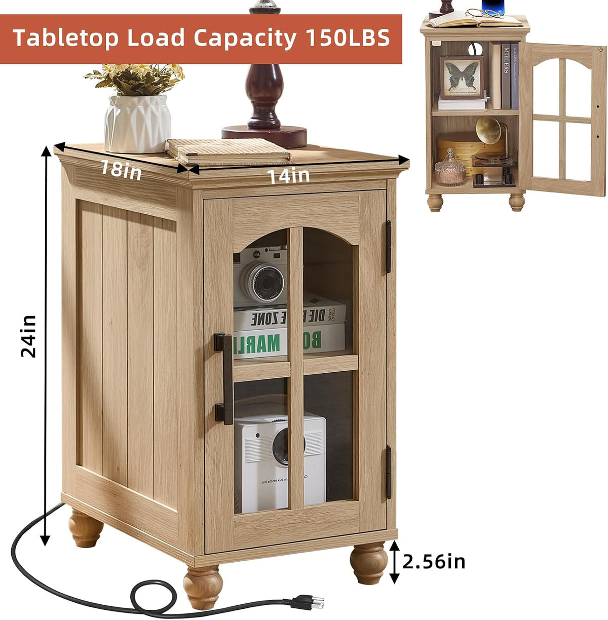RWYHG Narrow Side Table, Farmhouse Nightstand with Charging Station