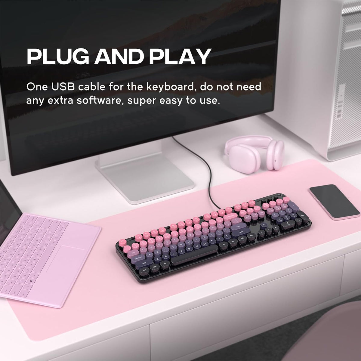 Wired Retro Keyboard, 104 Keys Full-Sized Typewriter Keyboards, Office Keyboard with Number Pad, Foldable Stands for Windows, PC, Laptop, Desktop (Plum Pink Gradient)